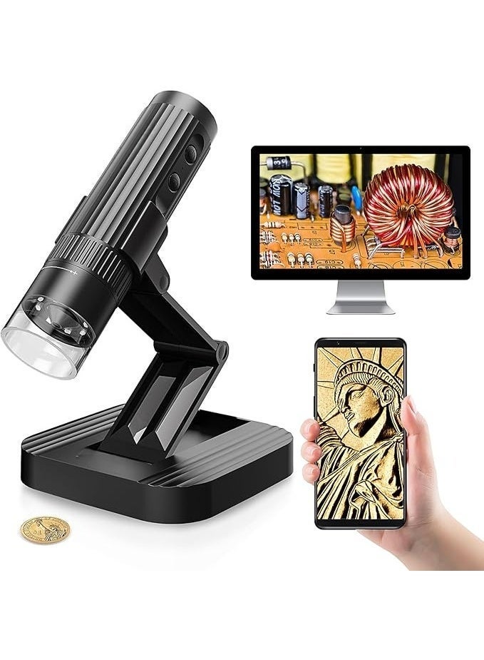 مجهر رقمي لاسلكي قابل للطي، مجهر جيب محمول عالي الدقة من 10x إلى 1000x، يدعم اتصال WiFi و USB، مجهر عملات محمول باليد، متوافق مع أجهزة iPhone و iPad وهواتف Android وأجهزة الكمبيوتر (أسود). - Image 1